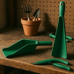 Tagrende Skovl i Grøn Plastik - Let at Bruge, holdbar og Vejrbestandig: A different realistic workshop setting where the green plastic gutter scoop is securely positioned on a workbench, being naturally placed among other gardening tools.