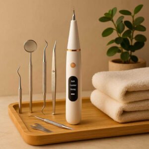 Tandpleje sæt til optimal mundhygiejne - Professionel løsning med høj kvalitet, 215g: A different serene spa-like environment where the dental care set is securely positioned on a bamboo shelf next to soft towels and a small plant.