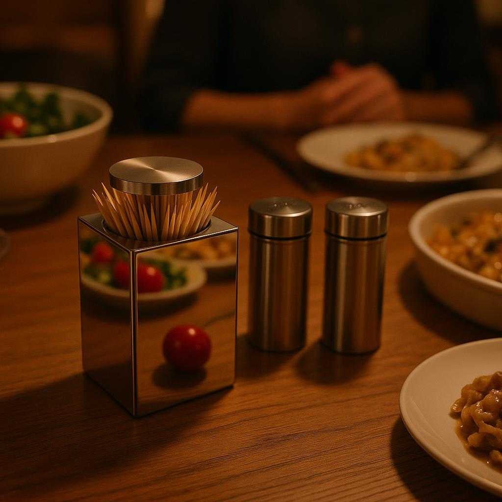 tandstik-holder-i-rustfrit-stl-let-adgang-stilfu_15387091009923_scene2 Tandstik Holder i Rustfrit Stål - Let Adgang, Stilfuldt Design, Holdbar Konstruktion: A different realistic dining table setting where the toothpick holder is securely positioned on a wooden table during a family meal, being naturally placed next to a salt and pepper shaker.
