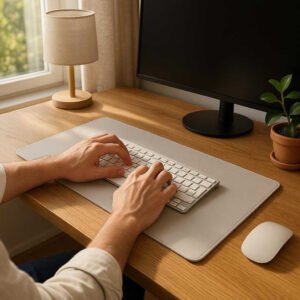 Tastaturbeskytter i Lys Grå - Fleksibel Plastisk Design: A realistic home office setting where the Tastaturbeskytter i Lys Grå is properly grounded on a wooden desk, being actively used by a person's hands typing on a keyboard underneath it, with natural lighting from a window casting realistic shadows and showing clear contact points where the product touches the desk surface.
