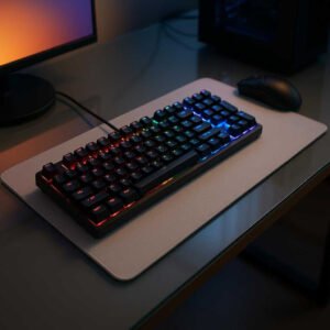 Tastaturbeskytter i Lys Grå - Fleksibel Plastisk Design: A different realistic gaming setup where the Tastaturbeskytter i Lys Grå is securely positioned on a sleek glass table, being naturally placed under a colorful backlit keyboard, with ambient room lighting creating dynamic shadows and realistic integration into the high-tech environment.