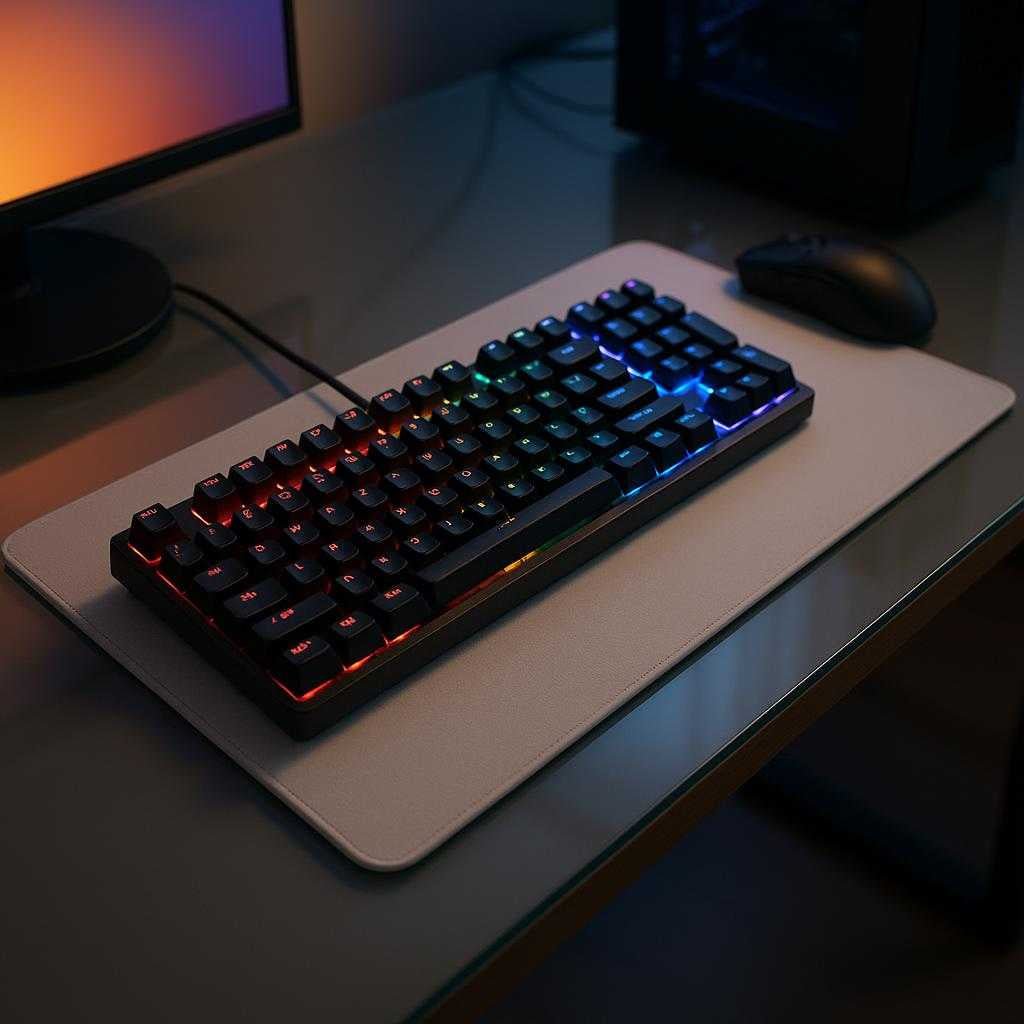 tastaturbeskytter-i-lys-gr-fleksibel-plastisk-de_15247767732611_scene2 Tastaturbeskytter i Lys Grå - Fleksibel Plastisk Design: A different realistic gaming setup where the Tastaturbeskytter i Lys Grå is securely positioned on a sleek glass table, being naturally placed under a colorful backlit keyboard, with ambient room lighting creating dynamic shadows and realistic integration into the high-tech environment.