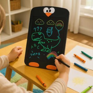 Tegnetablet til Børn – Farverig LCD Skærm, Dyremotiv, Høj Kvalitet, Kreativ Læring: A realistic children's playroom setting where the tablet is properly grounded on a colorful, child-sized table, actively being used by a child drawing a rainbow with the stylus, surrounded by crayons and paper.