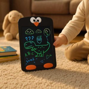 Tegnetablet til Børn – Farverig LCD Skærm, Dyremotiv, Høj Kvalitet, Kreativ Læring: A different realistic family living room setting where the tablet is securely positioned on a cozy carpet, naturally placed next to a stack of children's books and a plush toy.
