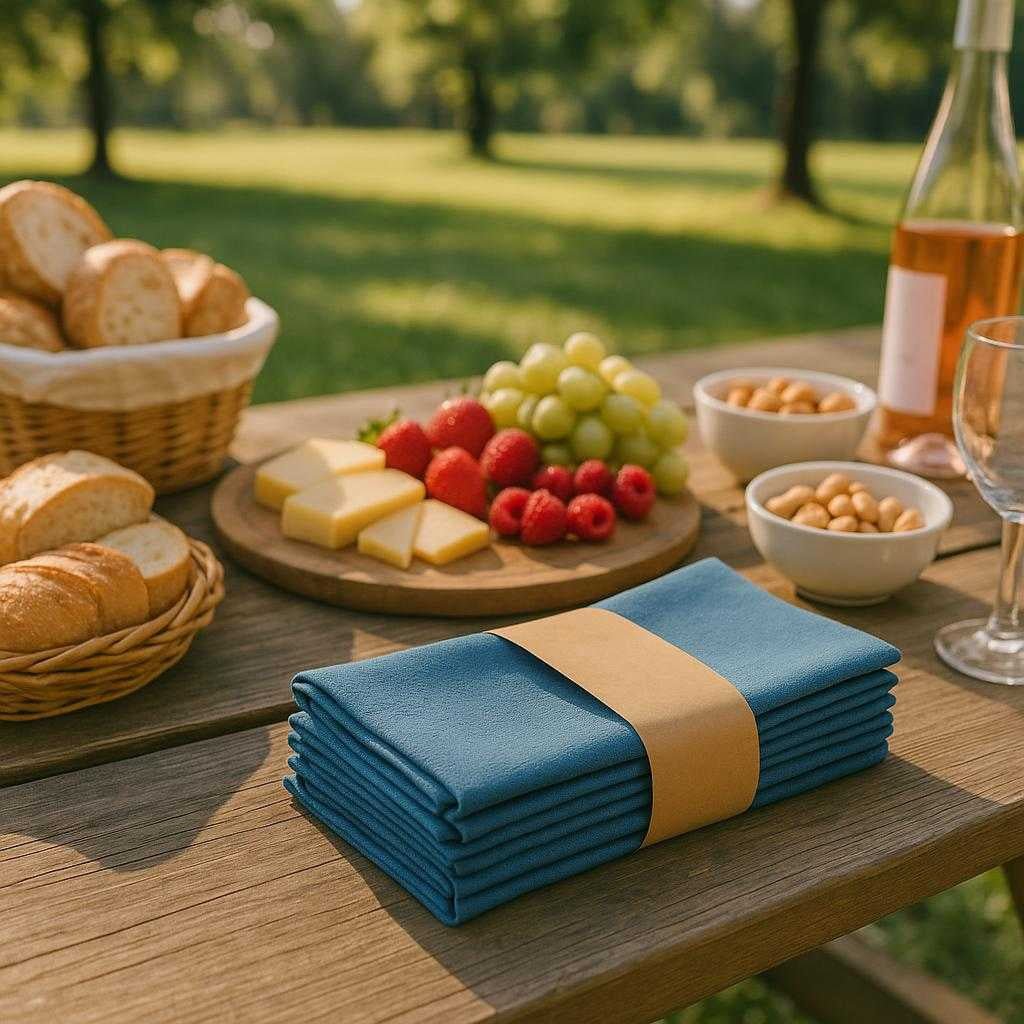 tekstilserviet-i-klassisk-design-genbrugelig-og-absorberende-tilgngelig-i-7-farver-in-a-serene-outdoor-picnic_15235930653059_scene2 Tekstilserviet i klassisk design - Genbrugelig og absorberende, tilgængelig i 7 farver. In a serene outdoor picnic setting, the textile napkin adds a touch of color to a wooden picnic table spread with delicious snacks, enhancing the joy of a sunny afternoon gathering with friends.