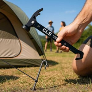 Teltpløkhammer med Multifunktionelt Design, Robust Metalkrop og Krog - Avanceret Campingværktøj. The robust multi-functional tent peg hammer is being used at a campsite, driving a peg into the ground beside a pitched tent under a clear blue sky with campers nearby.