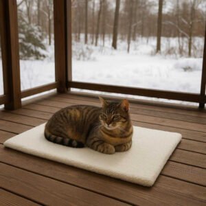 Termomåtte til Kæledyr - Selvopvarmende og Komfortabel - Perfekt til Vinterbrug - Tilgængelig i Te-brun og Hvid: A different realistic setting in an outdoor covered patio during winter, where the pet mat is securely positioned on a wooden deck.