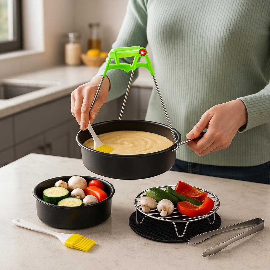 tilbehrsst-til-airfryer-optimeret-rundt-design-i_15061920809347_scene1 Tilbehørssæt til Airfryer - Optimeret Rundt Design i Høj Kvalitet med Modulære Funktioner: A realistic modern kitchen setting with a sleek countertop where the air fryer accessory set is properly grounded on the marble surface, being actively used by a person preparing a meal.