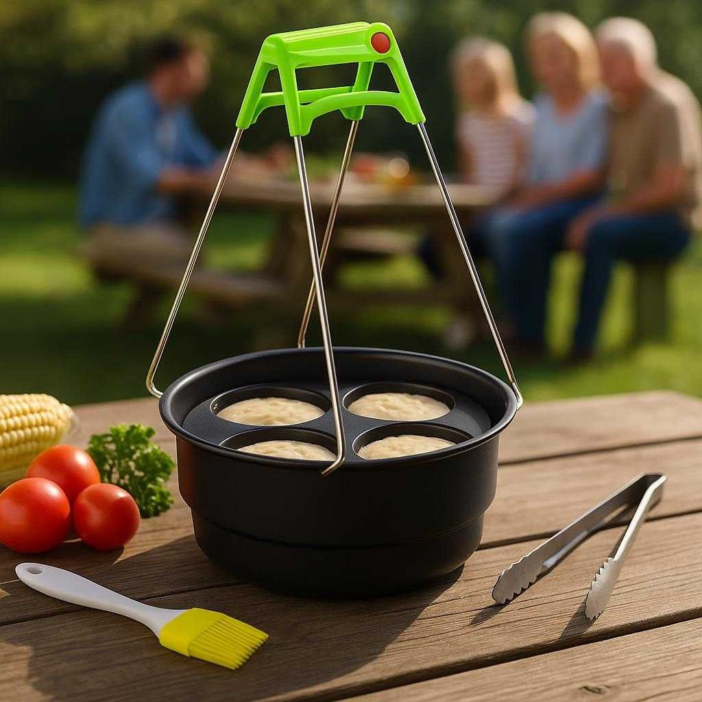 tilbehrsst-til-airfryer-optimeret-rundt-design-i_15061920809347_scene2 Tilbehørssæt til Airfryer - Optimeret Rundt Design i Høj Kvalitet med Modulære Funktioner: A different realistic outdoor barbecue setup, where the air fryer accessory set is securely positioned on a sturdy wooden picnic table, being naturally placed with grilling tongs and a silicone brush nearby.