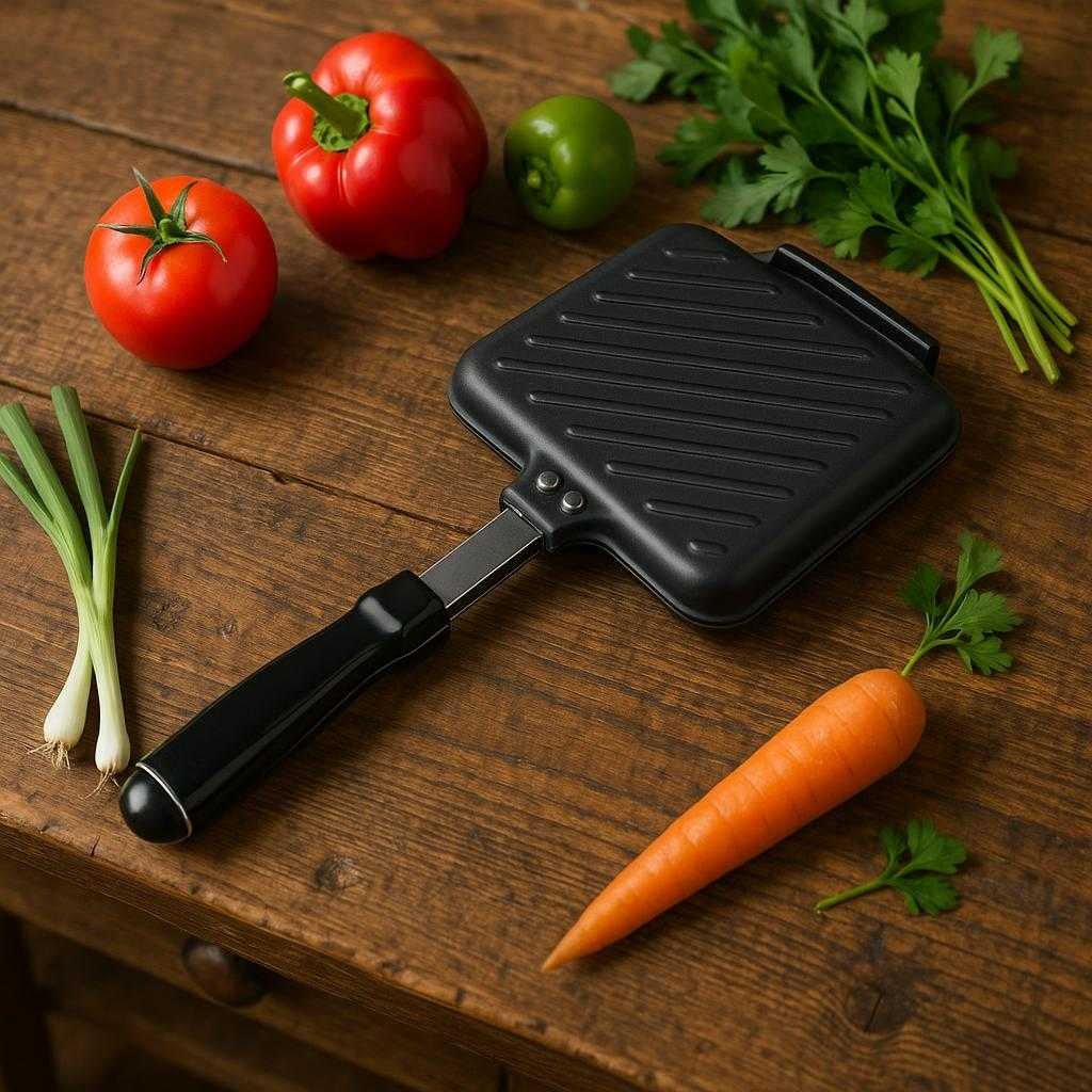 toastjern-til-komfur-klassisk-sandwichjern-i-sort-stbt-aluminium-ergonomisk-design-hj-kvalitet-the-ergonomic-sandwich-iron-is_15251749699971_scene2 Toastjern til Komfur – Klassisk Sandwichjern i Sort Støbt Aluminium, Ergonomisk Design, Høj Kvalitet. The ergonomic sandwich iron is displayed on a rustic wooden kitchen counter, alongside vibrant vegetables and herbs, ready for a cozy meal preparation.