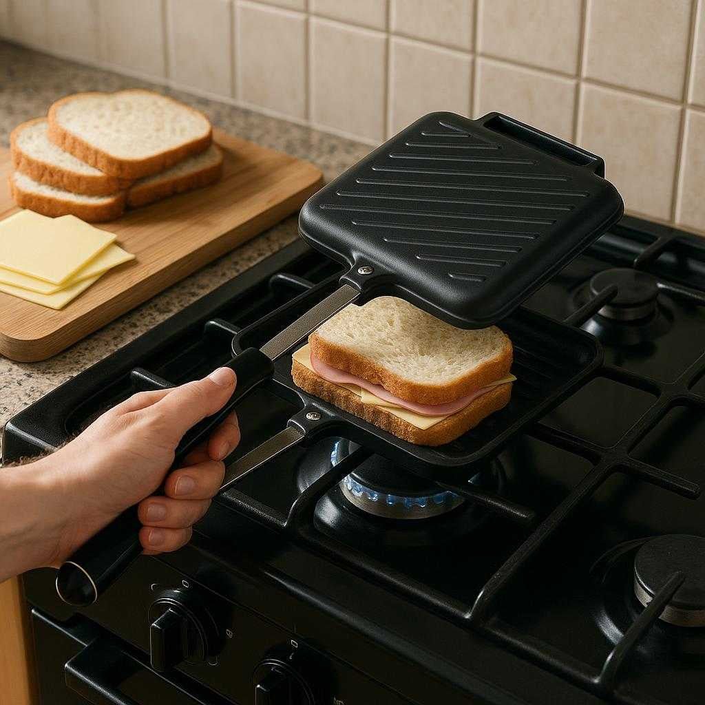 toastjern-til-komfur-klassisk-sandwichjern-i-sort_15251749699971_scene1 Toastjern til Komfur – Klassisk Sandwichjern i Sort Støbt Aluminium, Ergonomisk Design, Høj Kvalitet: A realistic kitchen setting where the Toastjern til Komfur is properly grounded on a stovetop, being actively used by a person to make a sandwich, with natural lighting casting realistic shadows.