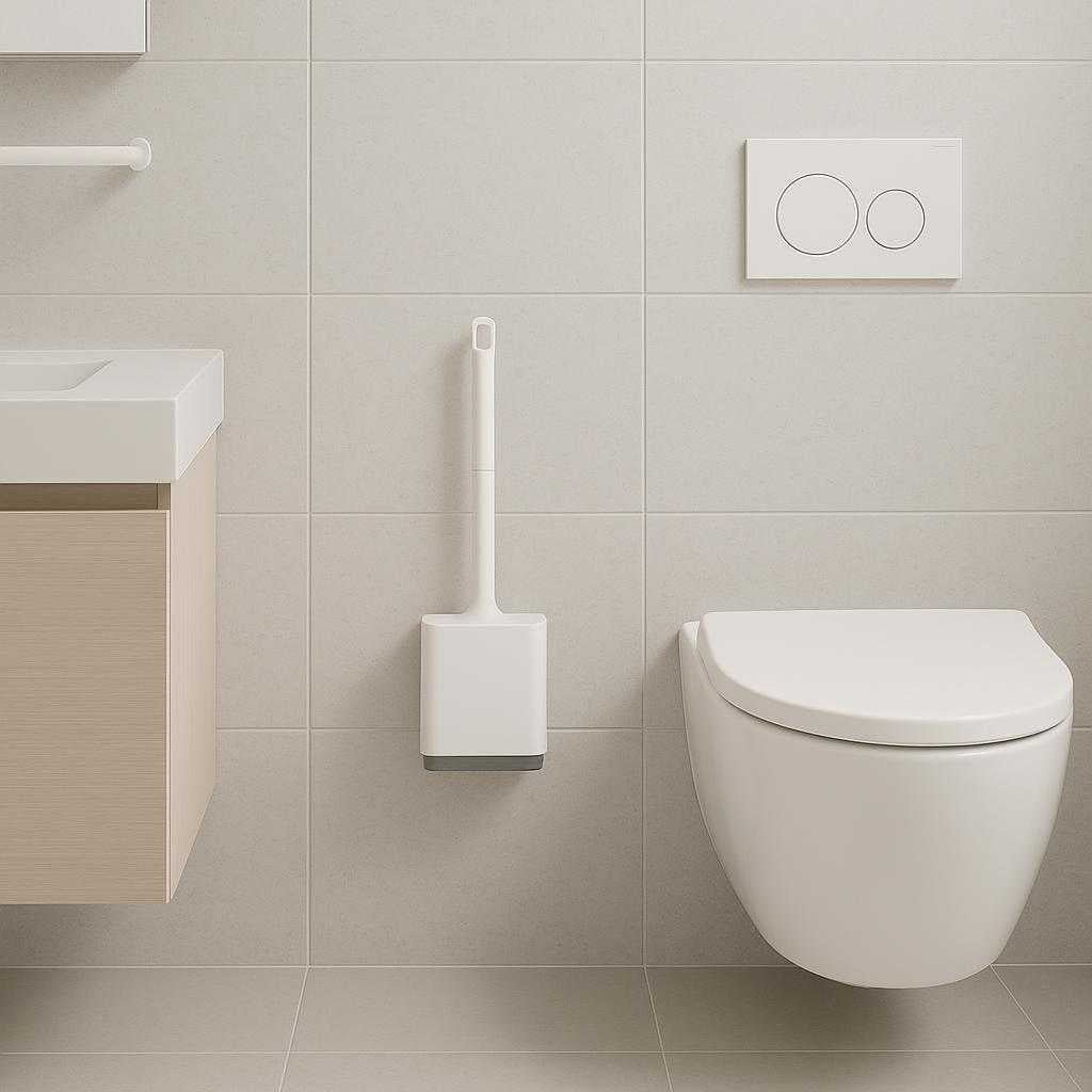toiletbrste-i-moderne-design-vghngt-silikone-tilgngelig-i-hvid-og-sort-a-minimalist-bathroom-showcases-the_15236815094147_scene2 Toiletbørste i Moderne Design - Væghængt, Silikone, Tilgængelig i Hvid og Sort. A minimalist bathroom showcases the wall-mounted silicone toilet brush in white, perfectly complementing the contemporary decor with clean lines and neutral tones.