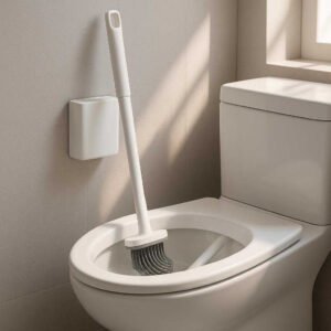 Toiletbørste i Moderne Design - Væghængt, Silikone, Tilgængelig i Hvid og Sort. The modern silicone toilet brush is mounted on a bathroom wall next to a sleek white toilet, with the bristles in action inside the bowl while a subtle ray of sunlight filters through a nearby window.