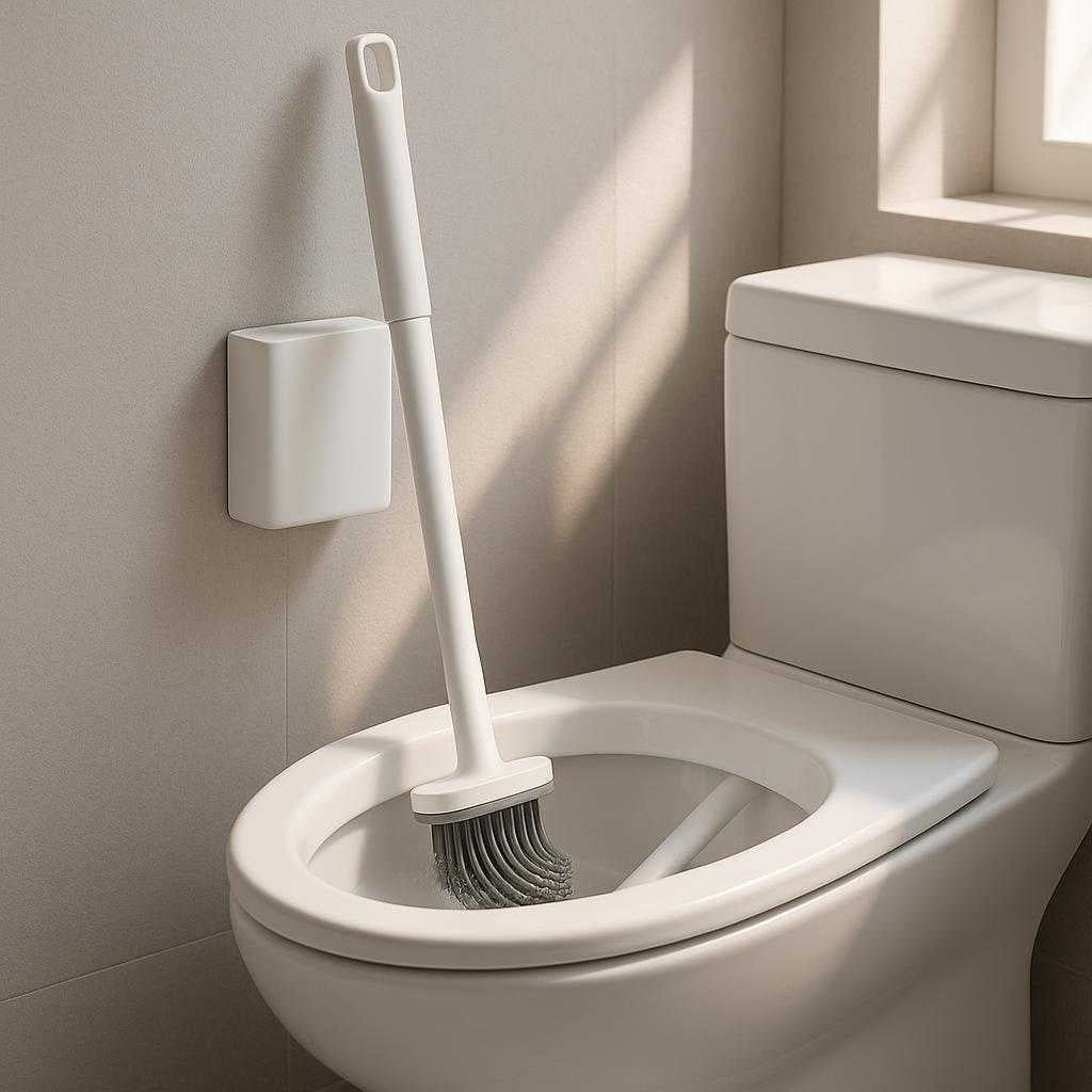 toiletbrste-i-moderne-design-vghngt-silikone-tilgngelig-i-hvid-og-sort-the-modern-silicone-toilet-brush_15236815094147_scene1 Toiletbørste i Moderne Design - Væghængt, Silikone, Tilgængelig i Hvid og Sort. The modern silicone toilet brush is mounted on a bathroom wall next to a sleek white toilet, with the bristles in action inside the bowl while a subtle ray of sunlight filters through a nearby window.