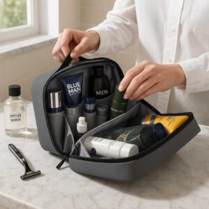 Toilettaske i Polyester og Nylon - Vandafvisende, Kompakt Design - Grå, Sort: A realistic bathroom setting where the grey toiletry bag is properly grounded on a marble countertop, being actively packed by a person in a white shirt.