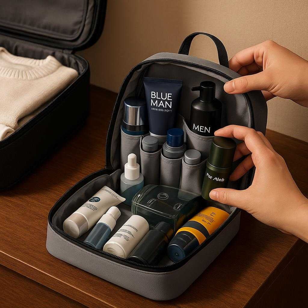 toilettaske-i-polyester-og-nylon-vandafvisende-k_15377839751555_scene2 Toilettaske i Polyester og Nylon - Vandafvisende, Kompakt Design - Grå, Sort: A different realistic travel setting where the toiletry bag is securely positioned on a wooden hotel room dresser, being naturally placed open next to a half-unpacked suitcase.