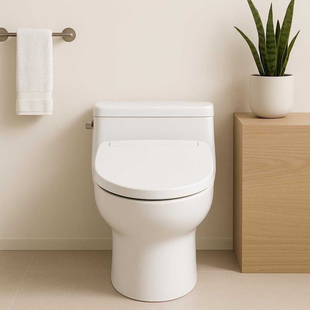 toiletudstyr-moderne-og-funktionelt-bidetsde-i-hvid-og-slvfarvet-plast-og-metal-a-minimalist-bathroom-setting-shows_15237162926467_scene2 Toiletudstyr: Moderne og funktionelt bidetsæde i hvid og sølvfarvet plast og metal. A minimalist bathroom setting shows the functional bidet seat elegantly closed, surrounded by modern decor and a fresh towel neatly hanging, highlighting its integration into a stylish, hygienic space.