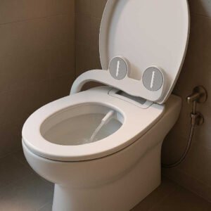 Toiletudstyr: Moderne og funktionelt bidetsæde i hvid og sølvfarvet plast og metal. The modern white and silver bidet seat is installed on a pristine porcelain toilet, with water gently flowing from the nozzle, set in a contemporary bathroom with sleek fixtures and soft ambient lighting.