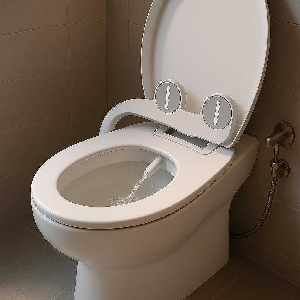 toiletudstyr-moderne-og-funktionelt-bidetsde-i-hvid-og-slvfarvet-plast-og-metal-the-modern-white-and-silver_15237162926467_scene1 Toiletudstyr: Moderne og funktionelt bidetsæde i hvid og sølvfarvet plast og metal. The modern white and silver bidet seat is installed on a pristine porcelain toilet, with water gently flowing from the nozzle, set in a contemporary bathroom with sleek fixtures and soft ambient lighting.