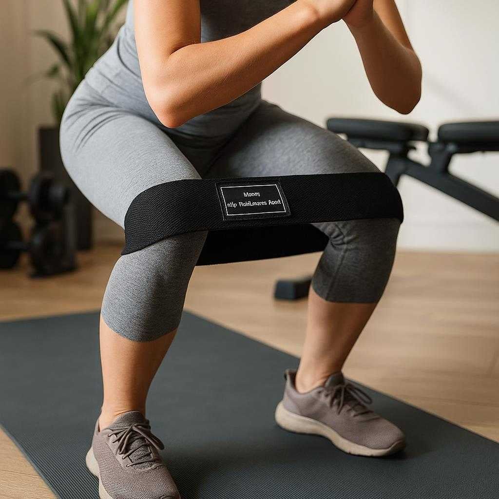 trningselastik-til-styrketrning-sort-gr-lysegr_15061935391107_scene1 Træningselastik til Styrketræning - Sort, Grå, Lysegrå - Ideel til Hjemmetræning og Fitness: A realistic home gym setting where the black resistance band is properly grounded on an exercise mat, being actively used by a person doing squats, with natural lighting casting realistic shadows and showing clear contact points between the band and the floor.