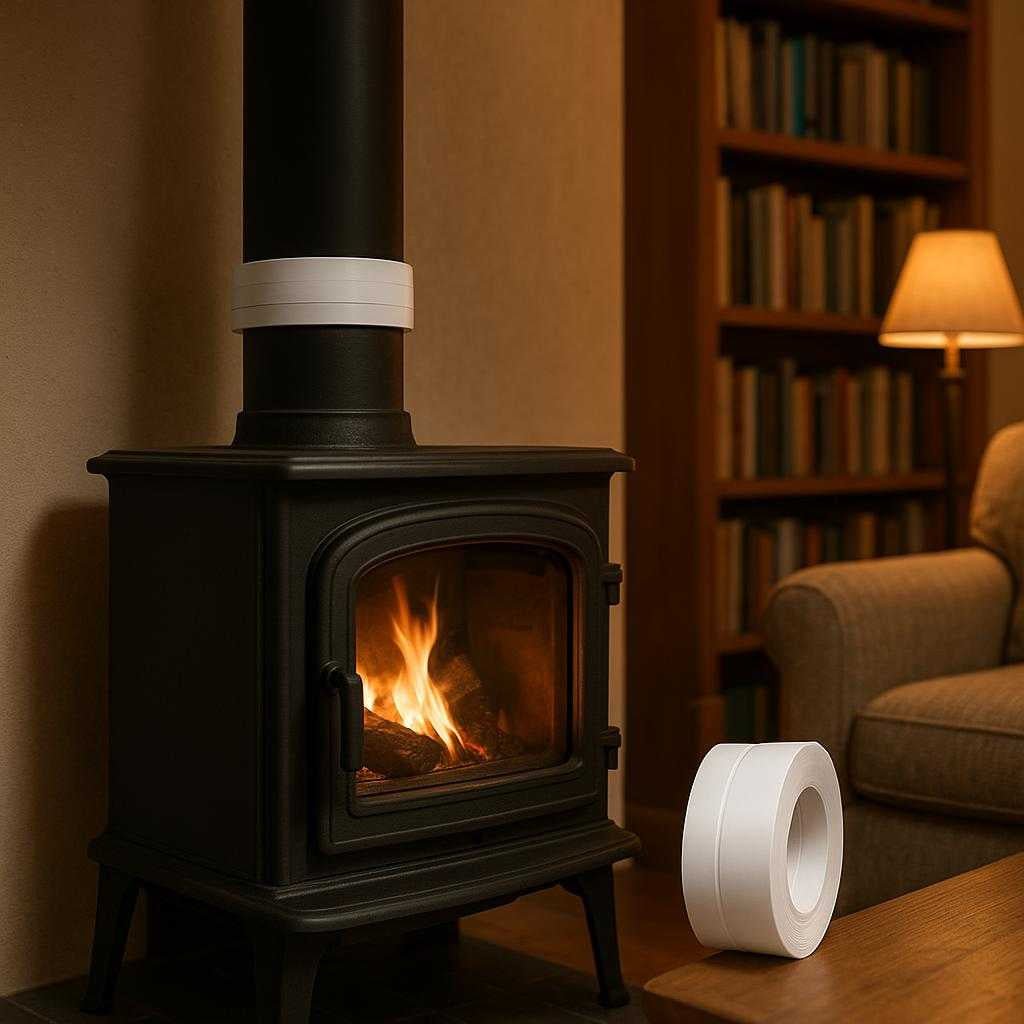 ttningsbnd-til-brndeovn-og-tagplader-hvidt-selvk_15224310432131_scene1 Tætningsbånd til Brændeovn og Tagplader - Hvidt Selvklæbende, Vandtæt og Fleksibelt - 3,2m: A cozy living room setting with a wood-burning stove prominently featured.
