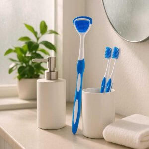 Tungeskraber i Moderne Design - Effektiv Rengøring for Frisk Ånde - Tilgængelig i fem Farver: A bright, modern bathroom setting with a mirror slightly fogged from a recent shower.