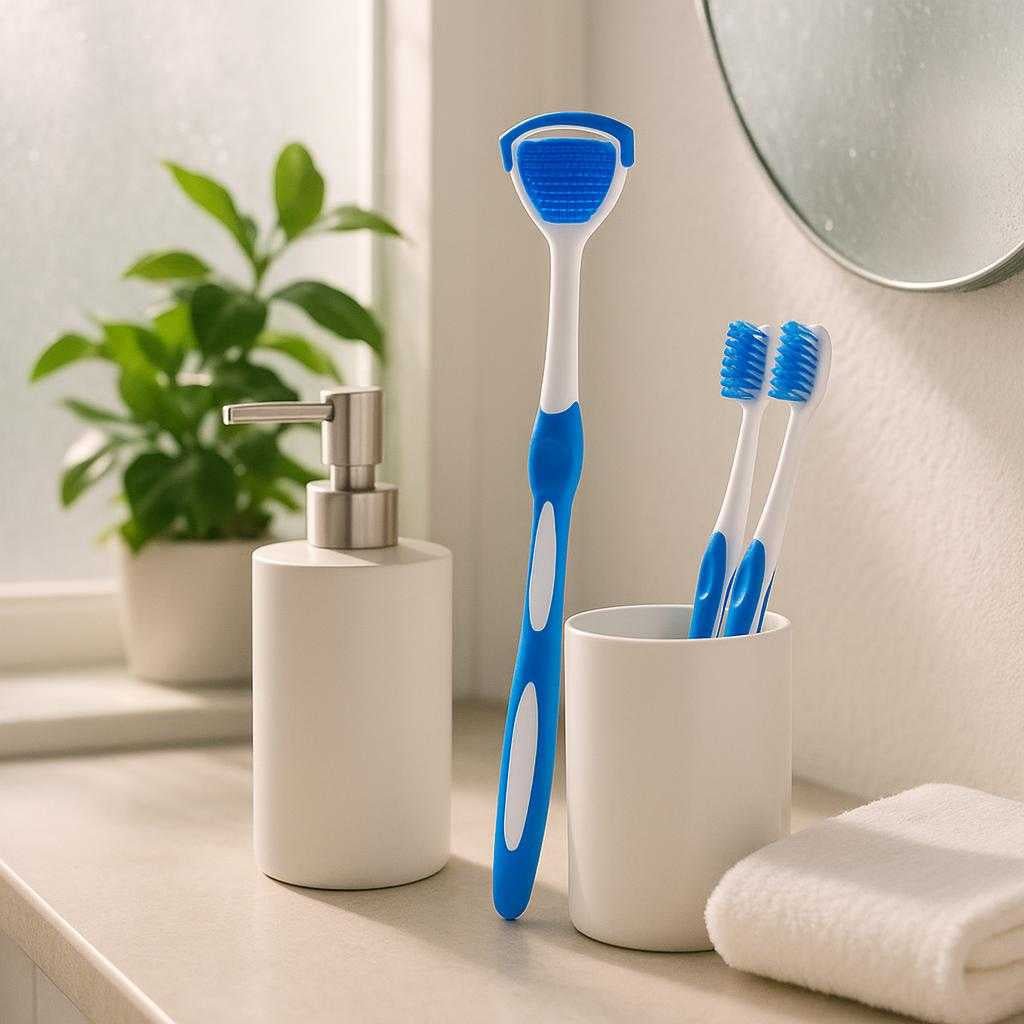 tungeskraber-i-moderne-design-effektiv-rengring_15234041577859_scene1 Tungeskraber i Moderne Design - Effektiv Rengøring for Frisk Ånde - Tilgængelig i fem Farver: A bright, modern bathroom setting with a mirror slightly fogged from a recent shower.