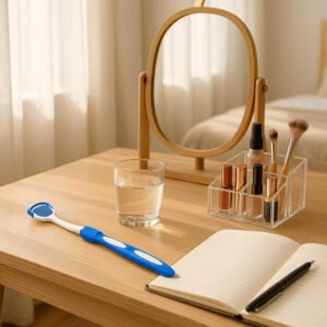 Tungeskraber i Moderne Design - Effektiv Rengøring for Frisk Ånde - Tilgængelig i fem Farver: An airy bedroom with a stylish vanity table where the tungeskraber lies next to a chic makeup organizer and a glass of water.