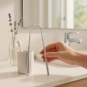 Tungeskraber i Rustfrit Stål - Effektiv Mundhygiejne og Frisk Ånde, Sølvfarvet: A bright, modern bathroom setting with a large mirror and a sink in the background.