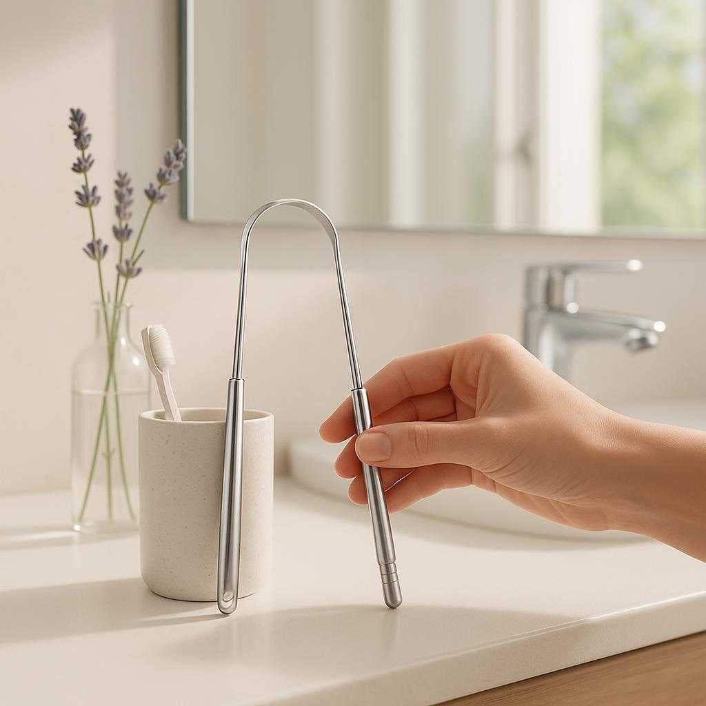 tungeskraber-i-rustfrit-stl-effektiv-mundhygiejn_15234047050115_scene1 Tungeskraber i Rustfrit Stål - Effektiv Mundhygiejne og Frisk Ånde, Sølvfarvet: A bright, modern bathroom setting with a large mirror and a sink in the background.