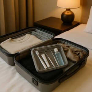 Tungeskraber i Rustfrit Stål - Effektiv Mundhygiejne og Frisk Ånde, Sølvfarvet: A travel-themed scene featuring a neatly packed suitcase on a hotel bed, with a luxurious, neutral-toned background.