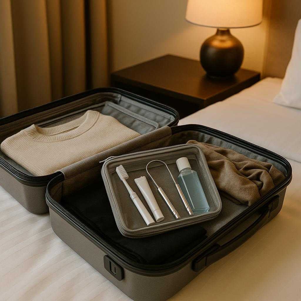 tungeskraber-i-rustfrit-stl-effektiv-mundhygiejn_15234047050115_scene2 Tungeskraber i Rustfrit Stål - Effektiv Mundhygiejne og Frisk Ånde, Sølvfarvet: A travel-themed scene featuring a neatly packed suitcase on a hotel bed, with a luxurious, neutral-toned background.