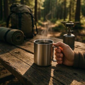 Udendørskop i Rustfrit Stål med Karabinhank - Høj Kvalitet og Robust Design til Campingoplevelser: A realistic forest camping scene where the stainless steel cup with a carabiner handle is properly grounded on a rustic wooden picnic table, being actively used by a person holding it filled with steaming coffee, surrounded by camping gear and natural forest elements.