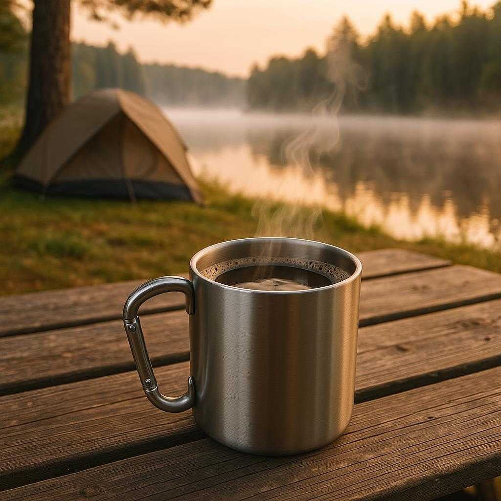 udendrskop-i-rustfrit-stl-med-karabinhank-hj-kvalitet-og-robust-design-til-campingoplevelser-the-robust-stainless-steel-cup_15251837354371_scene2 Udendørskop i Rustfrit Stål med Karabinhank - Høj Kvalitet og Robust Design til Campingoplevelser. The robust stainless steel cup, filled with steaming coffee, is set on a wooden picnic table amid a serene lakeside campsite during dawn, with mist rising from the water.