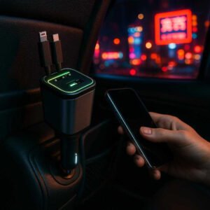 Udtrækkelig Bil Mobiloplader med Hurtig Opladning - Sort og Sølvgrå: A nighttime urban setting, the car is parked near a vibrant city street with glowing neon signs visible through the windows.