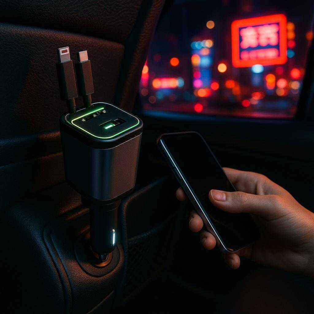 udtrkkelig-bil-mobiloplader-med-hurtig-opladning_15233400570243_scene2 Udtrækkelig Bil Mobiloplader med Hurtig Opladning - Sort og Sølvgrå: A nighttime urban setting, the car is parked near a vibrant city street with glowing neon signs visible through the windows.