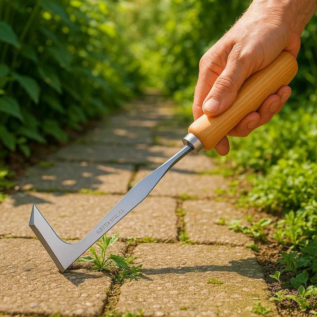 ukrudtfjerner-i-rustfrit-stl-med-trhndtag-professionel-og-hj-kvalitet-til-fliser-og-bede-the-stainless-steel-weed-remover_15244378767747_scene1 Ukrudtfjerner i Rustfrit Stål med Træhåndtag – Professionel og Høj Kvalitet til Fliser og Bede. The stainless steel weed remover with a wooden handle is being used to extract weeds from between paving stones in a sunlit garden path, surrounded by lush greenery.