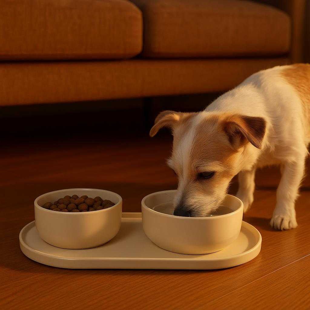 underlag-til-hundeskle-i-elegant-beige-skridsikk_15221045756291_scene2 Underlag til hundeskåle i elegant beige - Skridsikker og praktisk løsning til moderne hjem: A different realistic living room setting where the product is securely positioned on a hardwood floor, with a modern sofa in the background.