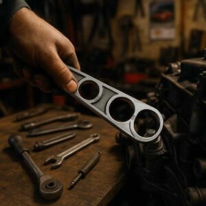 Universal nøgle med multi-størrelse åbninger - Ideel til mekanisk arbejde, konstruktion og hjemmereparationer: A bustling garage setting, where the universal key is accurately integrated into a mechanic's toolset.