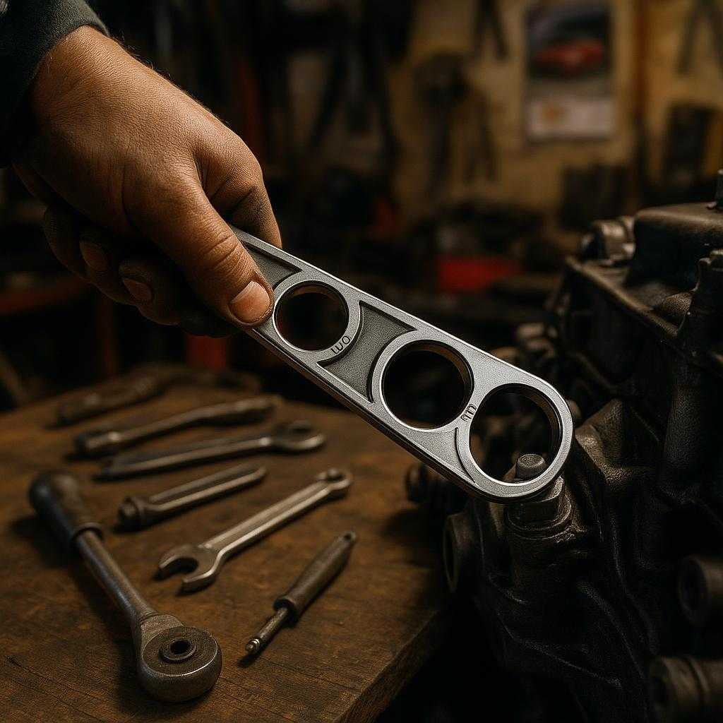 universal-ngle-med-multi-strrelse-bninger-ideel_15234094072195_scene1 Universal nøgle med multi-størrelse åbninger - Ideel til mekanisk arbejde, konstruktion og hjemmereparationer: A bustling garage setting, where the universal key is accurately integrated into a mechanic's toolset.