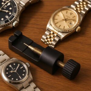 Urremværktøj til Præcis og Nem Justering - Professionelt Værktøj i Sort & Sølv. A close-up of the professional black and silver adjustment tool lying on a wooden table beside a collection of luxury wristwatches, showcasing its sleek design and precise engineering.