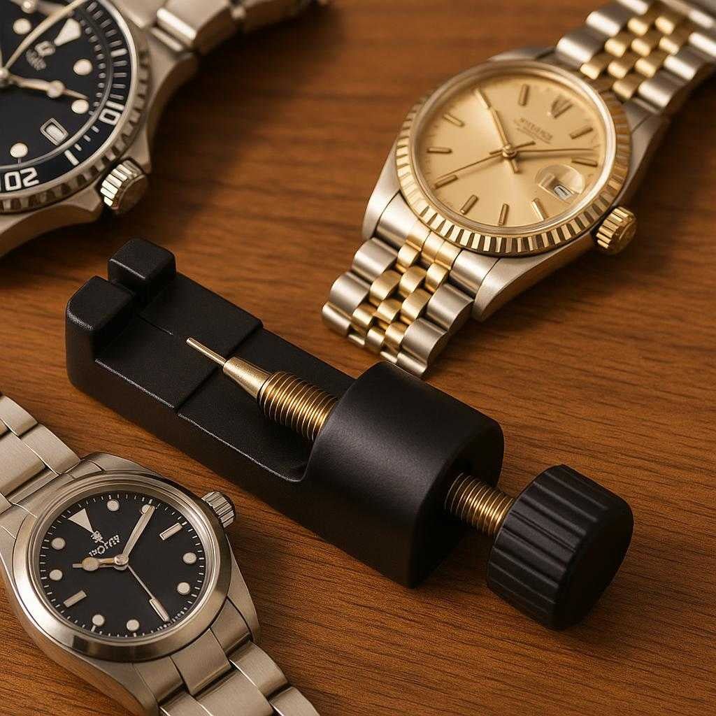 urremvrktj-til-prcis-og-nem-justering-professionelt-vrktj-i-sort-slv-a-close-up-of-the-professional_15251579404675_scene2 Urremværktøj til Præcis og Nem Justering - Professionelt Værktøj i Sort & Sølv. A close-up of the professional black and silver adjustment tool lying on a wooden table beside a collection of luxury wristwatches, showcasing its sleek design and precise engineering.