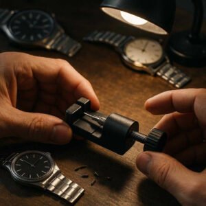 Urremværktøj til Præcis og Nem Justering - Professionelt Værktøj i Sort & Sølv. The precise black and silver adjustment tool is being used by a watchmaker in a workshop, with watches and tiny screws scattered around, illuminated by a focused desk lamp.