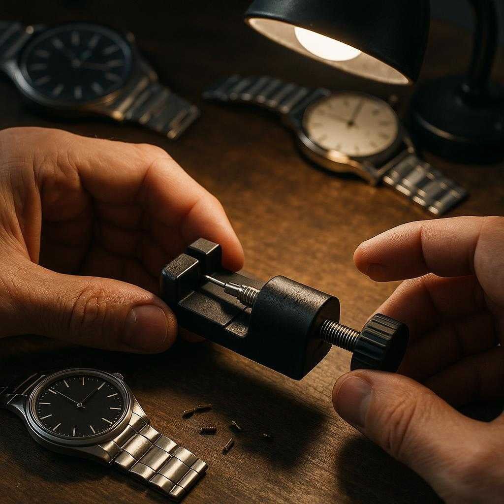 urremvrktj-til-prcis-og-nem-justering-professionelt-vrktj-i-sort-slv-the-precise-black-and-silver_15251579404675_scene1 Urremværktøj til Præcis og Nem Justering - Professionelt Værktøj i Sort & Sølv. The precise black and silver adjustment tool is being used by a watchmaker in a workshop, with watches and tiny screws scattered around, illuminated by a focused desk lamp.