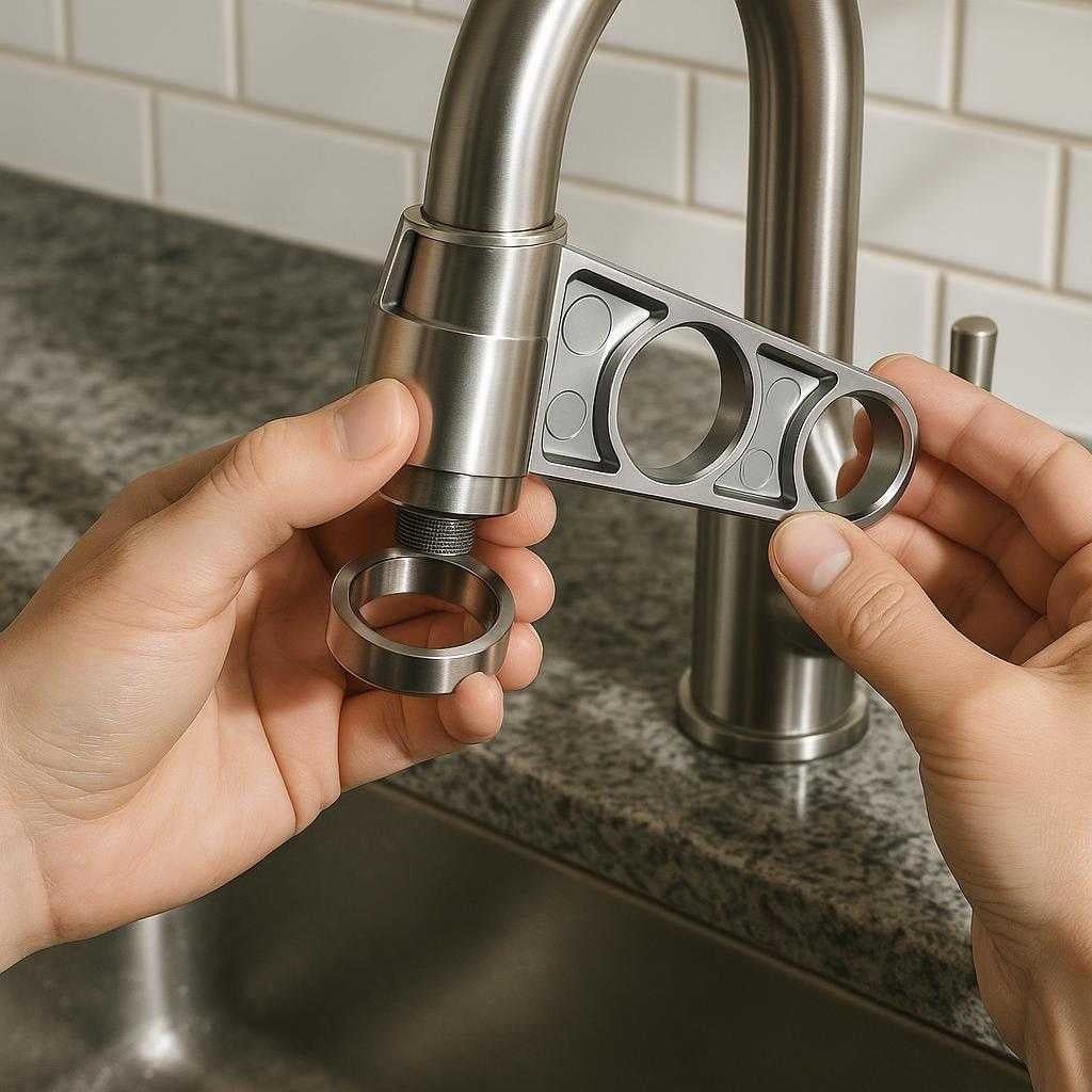 vandhane-lufter-i-aluminium-og-metal-holdbar-og-ko_15378293784963_scene1 Vandhane lufter i aluminium og metal, holdbar og korrosionsbestandig, 1 stk: A realistic kitchen setting where the Vandhane lufter is properly grounded on a sleek granite countertop, being actively used by a pair of hands installing it onto a faucet, with natural lighting casting realistic shadows and showing clear contact points where the lufter connects to the faucet.