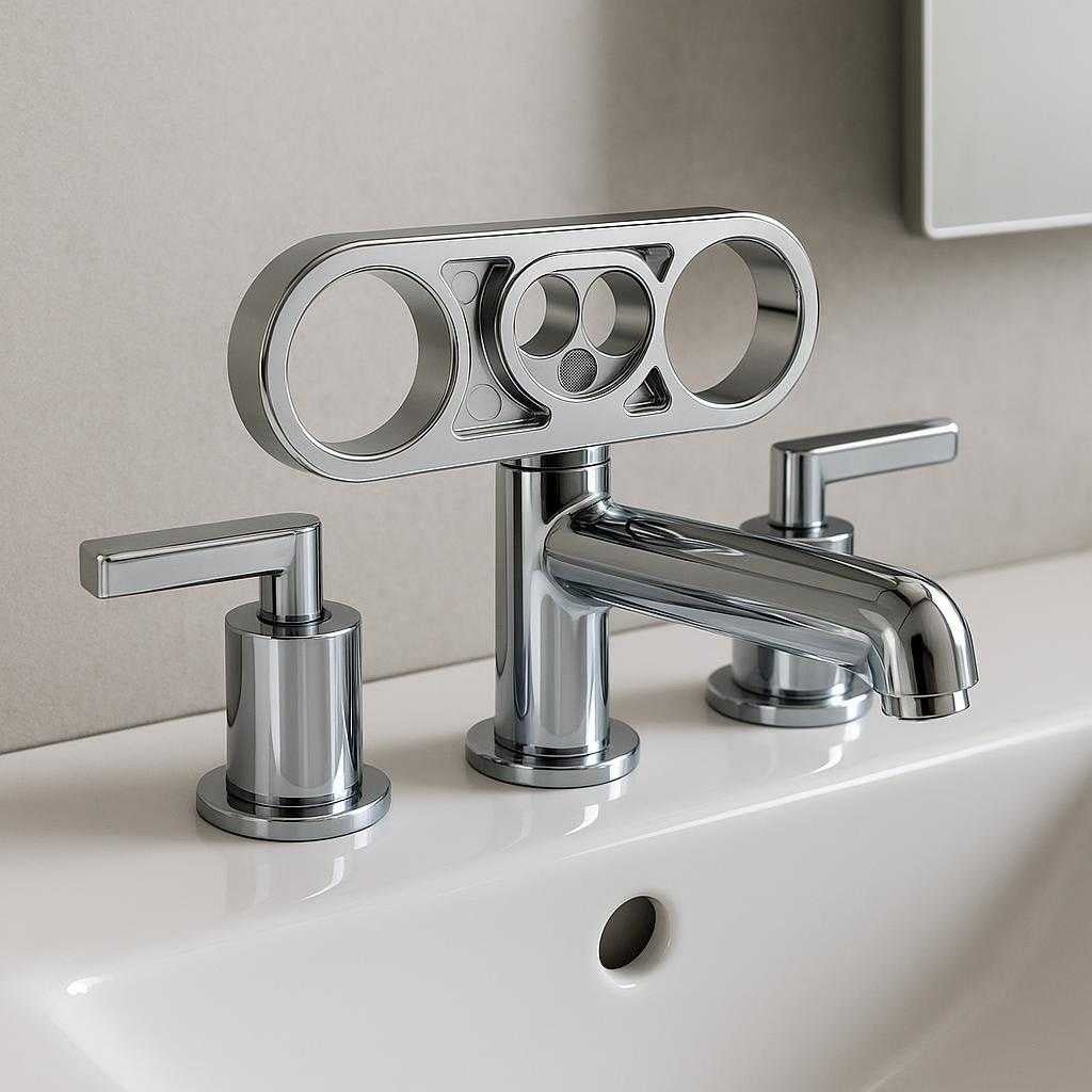 vandhane-lufter-i-aluminium-og-metal-holdbar-og-ko_15378293784963_scene2 Vandhane lufter i aluminium og metal, holdbar og korrosionsbestandig, 1 stk: A different realistic bathroom setting where the Vandhane lufter is securely positioned on a polished chrome sink fixture, being naturally placed as part of the faucet setup, with proper physics, shadows, and realistic integration into the modern, minimalistic bathroom environment.
