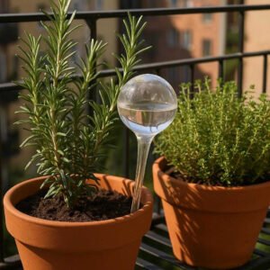 Vandingsspyd i Glas - Automatisk Selvvanding til Indendørs og Udendørs Planter: A different realistic outdoor balcony garden setting where the Vandingsspyd i Glas is securely positioned in a row of potted herbs on a metal shelf.