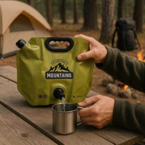 Vandpose 8L med Hane og Håndtag – Professionel Sammenklappelig og Robust Vandopbevaring: A realistic campsite setting where the 'Vandpose 8L med Hane og Håndtag' is properly grounded on a picnic table, being actively used by a person filling a cup with water from the spout.