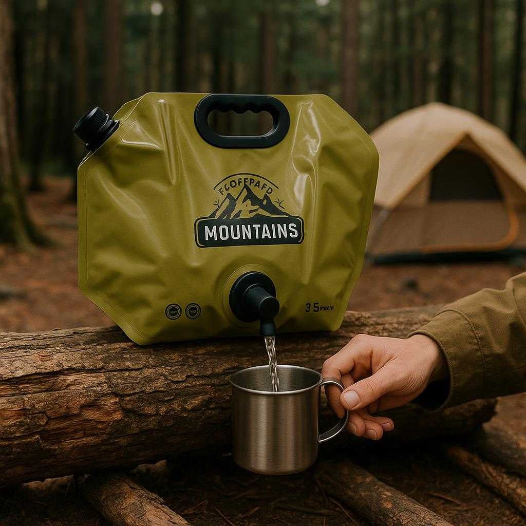 vandpose-8l-med-hane-og-hndtag-professionel-sammenklappelig-og-robust-vandopbevaring-the-collapsible-water-container-with_15251739214211_scene1 Vandpose 8L med Hane og Håndtag – Professionel Sammenklappelig og Robust Vandopbevaring. The collapsible water container with spout and handle is in use at a bustling campsite, positioned on a log, actively dispensing water into a camper's mug with a tent and forest in the background.