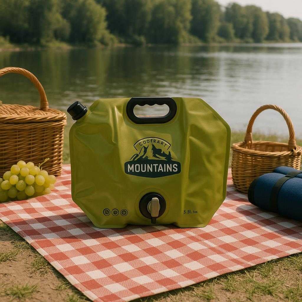 vandpose-8l-med-hane-og-hndtag-professionel-sammenklappelig-og-robust-vandopbevaring-the-robust-green-water-storage_15251739214211_scene2 Vandpose 8L med Hane og Håndtag – Professionel Sammenklappelig og Robust Vandopbevaring. The robust green water storage bag sits near a picnic setup by a serene lake, surrounded by picnic baskets and outdoor gear, illustrating its convenience and portability for family outings.